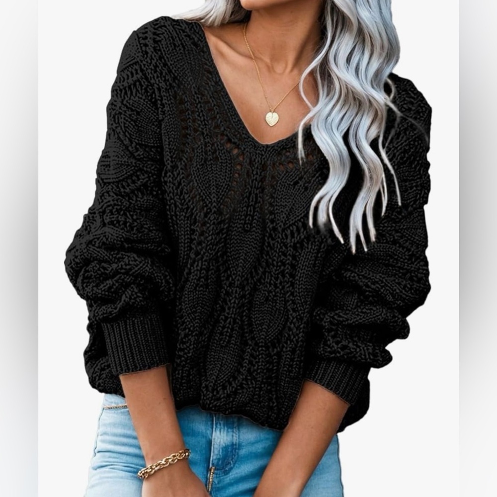Dokotoo Black‎ Hollow Out Pullover V-Neck Sweater XXL